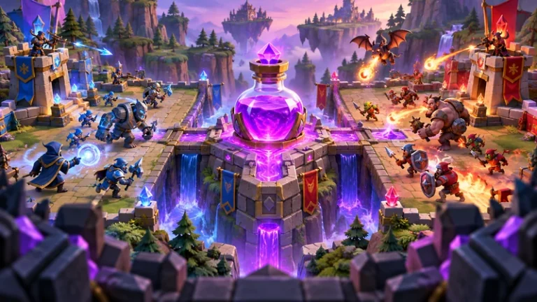 Clash Royale elixir guide with a glowing fantasy elixir vial in an arena