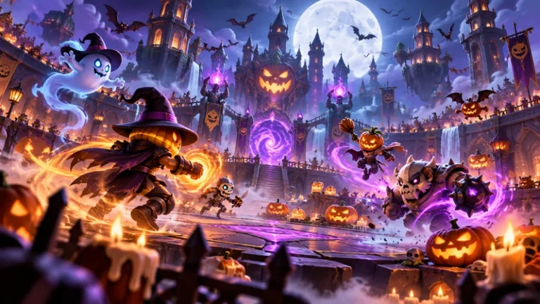 Clash Royale Shocktober event in a spooky fantasy arena with pumpkins and magic