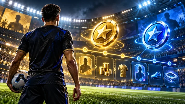 eFootball v6.1.0 token changes with digital football rewards in a stadium