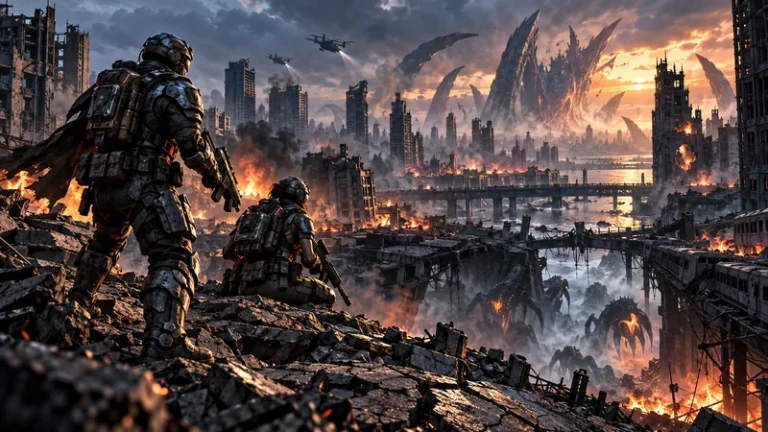 Gears of War E-Day launch scene with armored soldiers in a devastated city