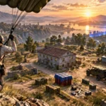 PUBG beginner guide showing a player parachuting into a battle royale map
