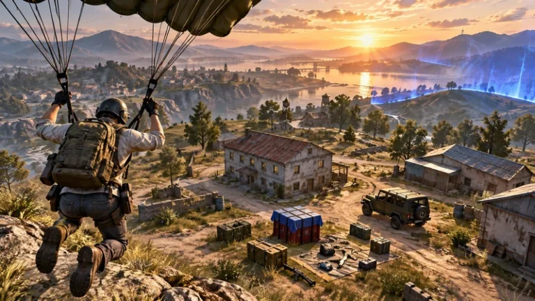 PUBG beginner guide showing a player parachuting into a battle royale map