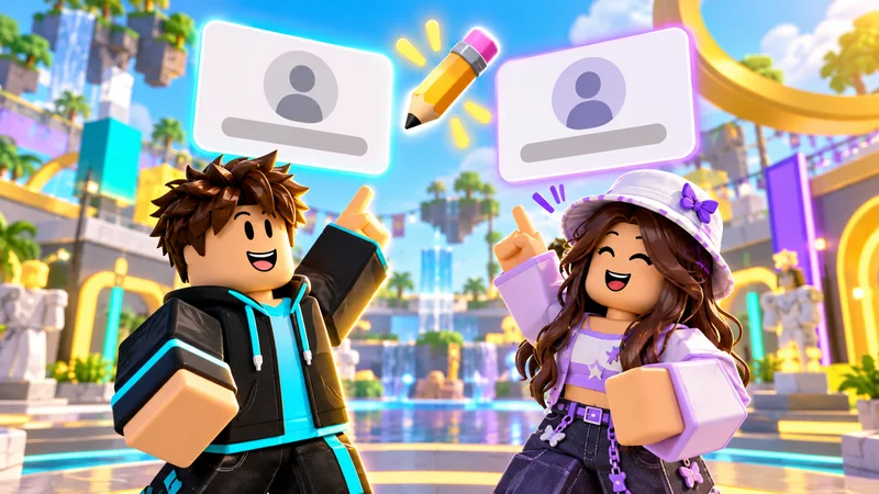 Roblox display name illustration of block avatars with editable profile cards
