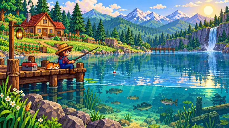 Stardew Valley fishing illustrated farmer at a mountain lake