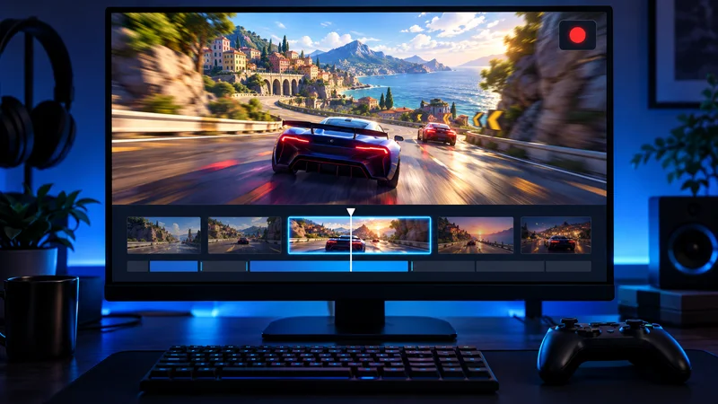 Steam Game Recording concept showing a racing highlight and video clip timeline