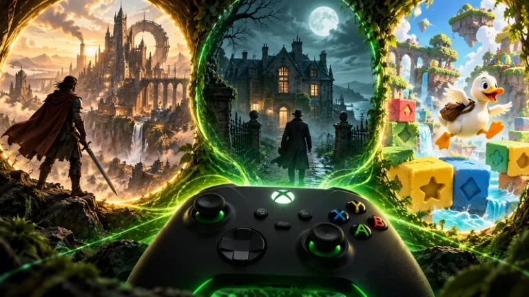 Xbox Game Pass October 2026 illustrated game worlds and controller
